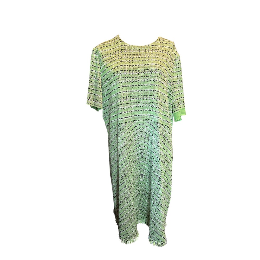 Misook Green Textured Knit Fringe Hem Short Sleeve Shift Dress Size XL